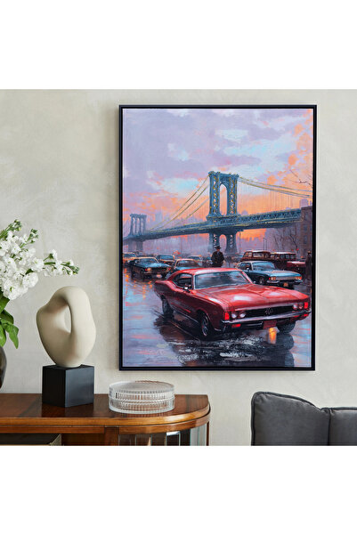 MallDeco Tablou Canvas Urban Vintage cu Masina Clasica Roșie, cu Decor Acrili...