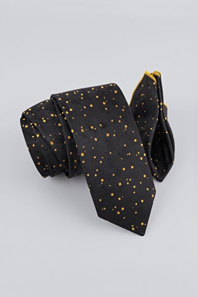 Milleniva Night Patterned Black Gold Tie & Handkerchief