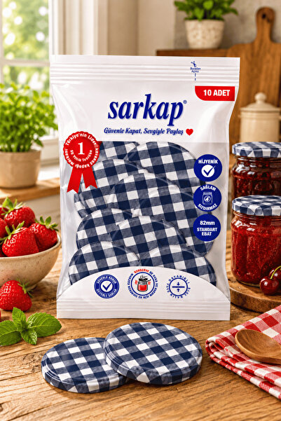Sarkap Hijyenik Paketli 10 Adet Kavanoz Kapağı - Lacivert Kuşak Ekose - 82mm