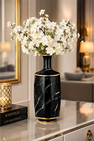 ANGDESİGN Bodrum Ceramic Vase Small - Black •• Marble Pattern Vase Modern Cer...