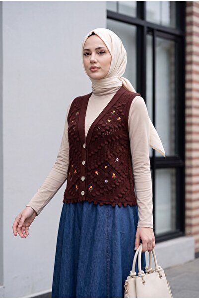 Modamorfo Pompom Flower Embroidered Openwork Knitwear Vest - Burgundy