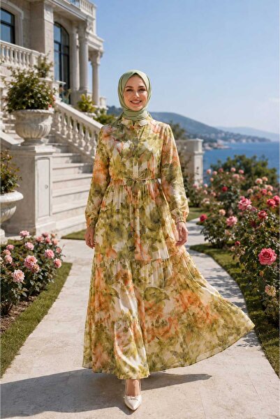 Hb Harma Time Butik Women's Buttoned Patterned Modal Fabric Green Dress