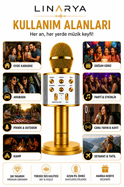 linarya Bluetooth Karaoke Mikrofonu Kablosuz Taşınabilir Hoparlörlü Mikrofon Echo Efektli Android & iPhone Uyumlu