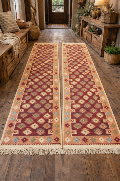 Horecahome Set 2 covoare tradiționale țesute, cu doau fete, 60x200 cm, rosu, ...