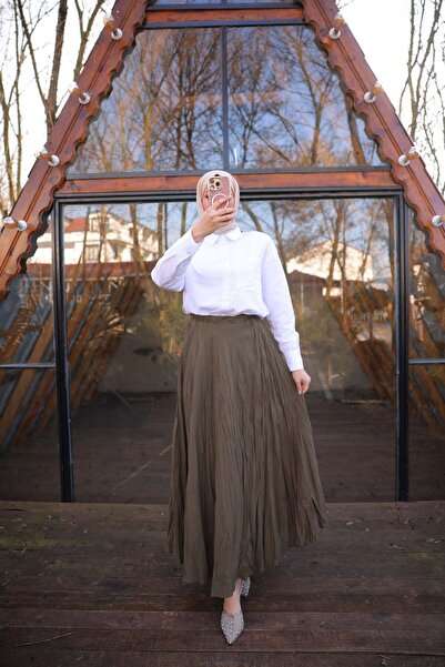 Bwest Elastic Waist Crinkle Detailed Long Skirt - (38-46) - 71258 - Khaki