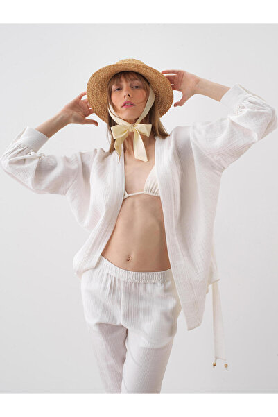 Xint Kadın Beyaz Pamuk Dokulu Oversize Kimono