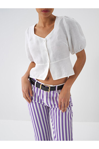 Xint Kadın Beyaz %100 Keten Regular Fit Bluz