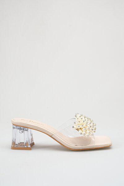 Bilalim Shoes AYL-01 incili taşli şeffaf topuklu 5 cm kadın terlik şık ve rahat