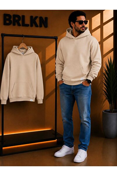 BRLKN Beige Men's Oversize Basic 3 Thread Raster Hooded Sweatshirt Emg3561