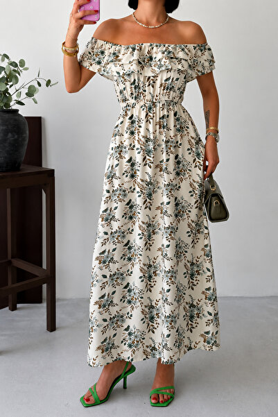 İLKCET MODA Viscose Fabric Khaki Madonna Collar Women's Long Dress