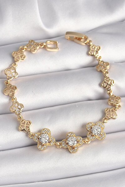 Inure Jewelry Brass Gold Color Zircon Stone Clover Model Women's Bracelet