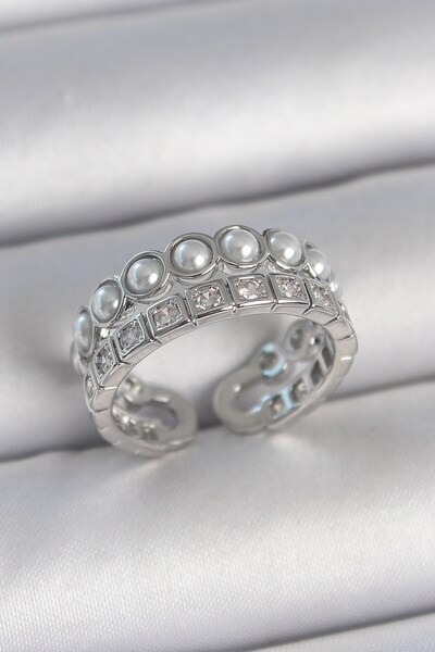Inure Jewelry خاتم نسائي من النحاس الفضي اللون مكون من صفين من حجر الزركون وا...