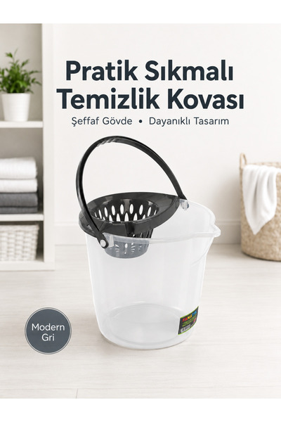 Fanatik Yuvarlak Mop ve Su Kovası Sıkma Hazneli 12 LT-ŞEFFAF