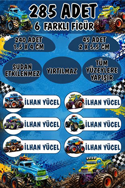 KT Decor Okul Etiketi Kalem Defter Etiketi Monster Arabalar Özel Isimli Etike...