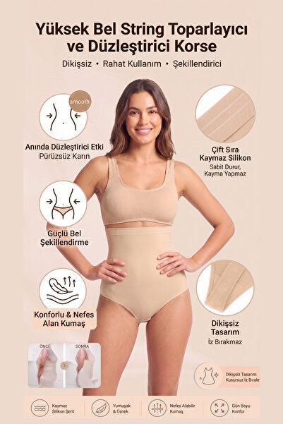 Womenmade Kadın Dikişsiz Korse Yüksek Bel String - Kaymaz Silikonlu & Karın T...