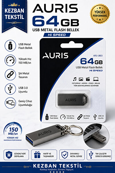 Kezban Tekstil AURIS ars-UB03 Metal USB FLASH 1 ADET USB 3.0 UYUMLU 64 GB