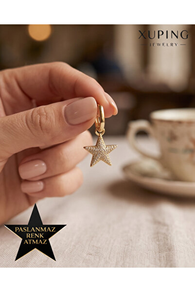 XUPING JEWELRY Xuping 14K Altın Renginde Zirkon Taşlı Oval Halkalı Yıldız Kar...