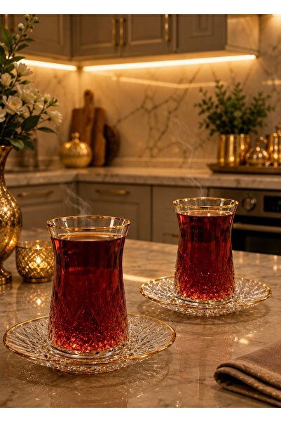 Şahika Kristal cama atılan imza طقم شاي لارا جولد 12 قطعة 170 مل
