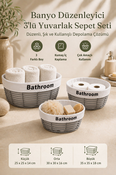 KHAKMA 3-Piece Round Bathroom Organizer Basket Set – Multi-Purpose Organizer ...