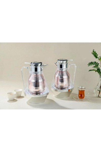 Generic Set of 2 silver tea and coffee thermoses with a transparent finish an...