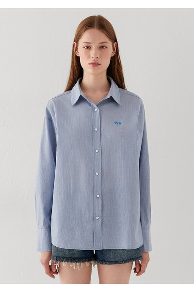 Mavi Balık İşlemeli Gömlek Oversize / Geniş Kesim 1211222-81489