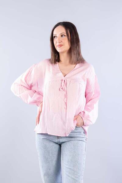 Mckanzie 946 Tie-Detail v neckless self-striped blouse