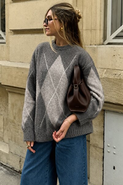 Madmext Dark Gray Crew Neck Diamond Pattern Women's Sweater Mg2471