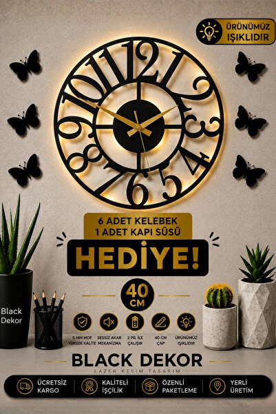 Blackdekor Dekoratif Büyük Rakamlı Işıklı Ahşap Duvar Saati | Modern Ve Şık D...