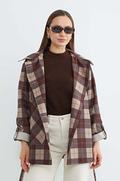 Fulla Moda Plaid Patterned Belted Trench Coat