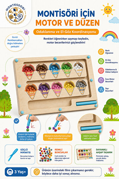 BBSKY Montessori Manyetik Ahşap Dondurma Labirenti - Renk Eşleştirme ve Sayı ...
