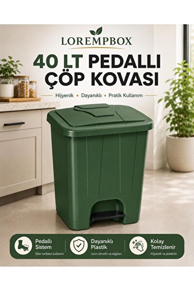 LOREMPBOX 40 Lt Pedallı Çöp Kovası İç Kovasız Yeşil Renk
