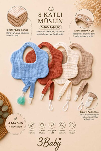 3Baby 8-Piece Set / 100% Organic Cotton 8-Layer Muslin Bibs (4 Pieces) / 8-La...