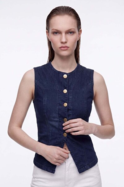 HAKKE Denim Vest with Gold Buttons and Stitching Detail