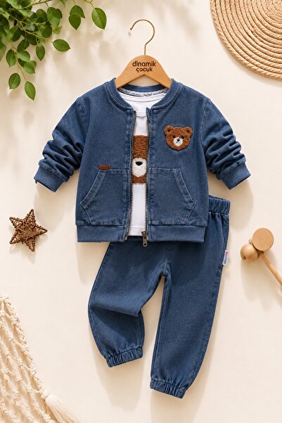 dinamik çocuk Baby Boy Teddy Bear Embroidered 3-Piece Set Denim Jeans Look Zi...