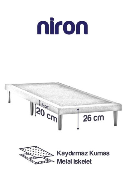 Niron Yatak Niron Slim Karyola Çift Kişilik Baza, Metal Iskeletli Yüksek Ayaklı Koyu Gri Keten Kumaşlı Karyola