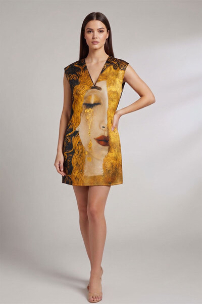 Deriderim Gustav Klimt “Ağlayan Kadın” Sanat Baskılı İpek Elbise
