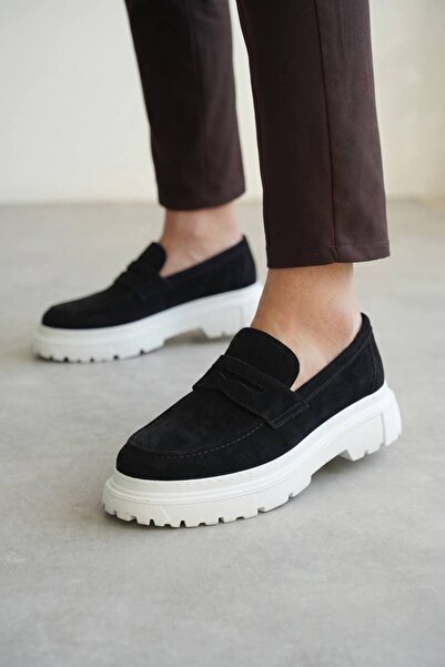 Zerenyus ZRK-X11 Premium Kalın Taban Bağcıksız Siyah Beyaz Süet Erkek Loafer