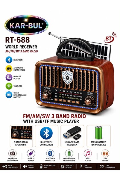 kar-bul Nostalji Görünümlü Güneş Enerjili Bluetooth, Nostalji , Fm/am/sw 3 Ba...
