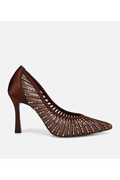 Hotiç Kadın Kahverengi Tül Detaylı Taşlı Stiletto