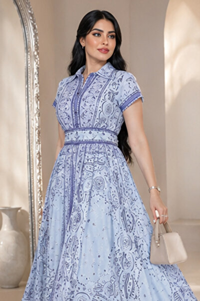 Stylish Fashion فستان من ستايلش فاشن تركي أنيق بزخرفة باللون السماوي
