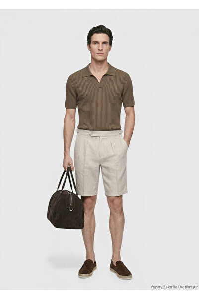 Ramsey Μπεζ Απλή Ύφανση Carrot Fit Casual 100% Λινό Βερμούδα