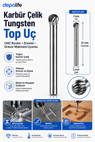 Depolife Yoğun Karbür Çelik Tungsten 3mm Cnc Router Dremel Vb. Gravür Makines...