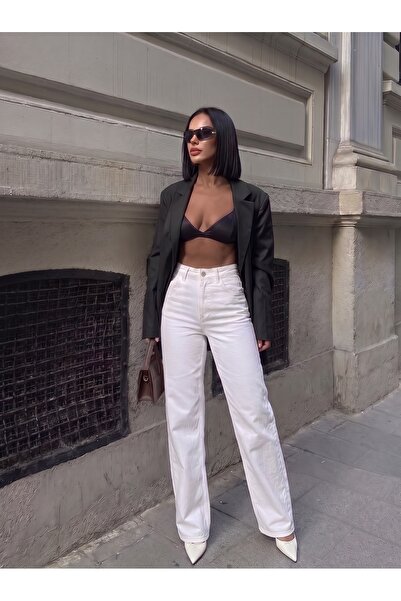 HLT JEANS Beyaz Kadın Wide Leg Jean Yüksek Bel Palazzo Likralı Esnek Kot Pant...