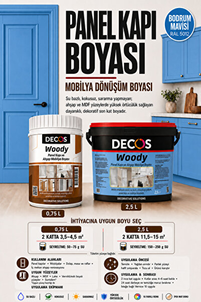 DECOS WOODY - Panel Kapı ve Panel Ahşap Boyası Su Bazlı Kokusuz 8 farklı renk...