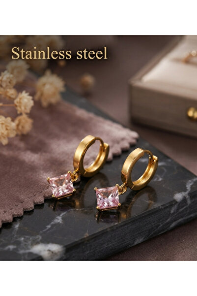 stainless steell Gold Pink Prism Dangling Steel Hoop Earrings