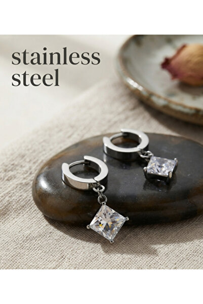 stainless steell أقراط فضية اللون من الفولاذ المقاوم للصدأ مرصعة بالأحجار الش...