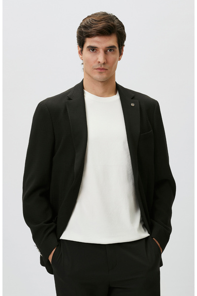 Network Slim Fit Siyah Mono Yaka Gofreli Örme Ceket