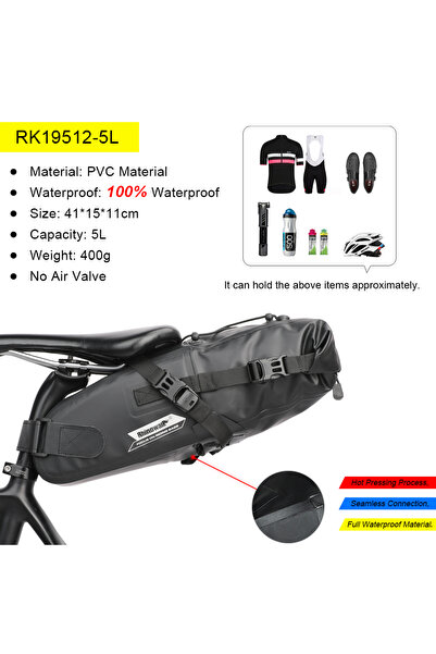 Rhinowalk RK19512-5L-Black Bike Saddle Bag Waterproof 5L-13L Big Capacity Fol...