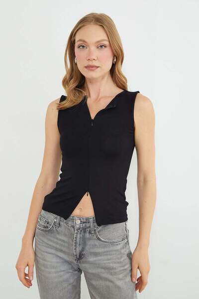 Fulla Moda Double Zipper Slim Fit Blouse