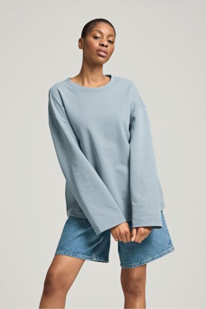 Tchibo Women Crew Neck Solid Long Sleeve Sweatshirts, Dusty Blue